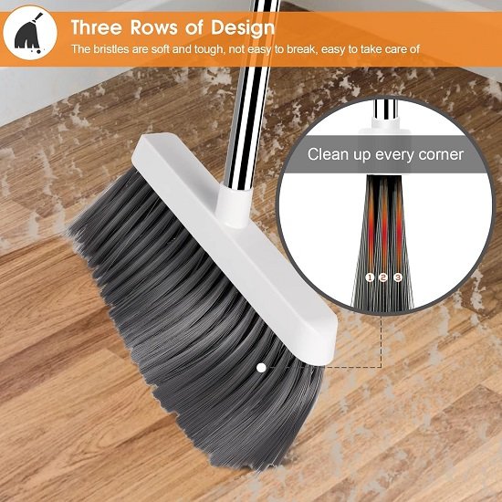 Broom and Dustpan Set, Upright Dustpan with 54" Stainless Steel Long Handle - White + Orange