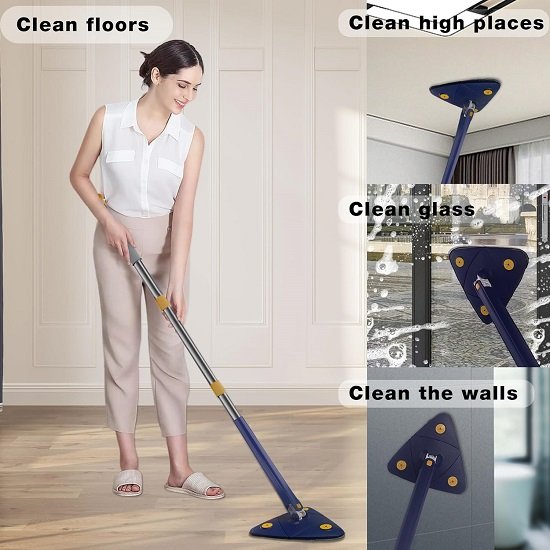 Mop Set 360° Rotatable Telescopic Adjustable Triangular Cleaning,  Wet Dry Shower Scrubber Wringer,(Blue)